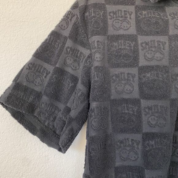 Smiley + H&M Polo Shirt Mens Black Embossed Textured Print AOP Y2K Style Size XS - Picture 4 of 9